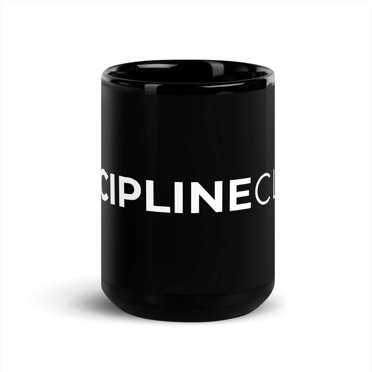 Black glossy Discipline Club mug, side view