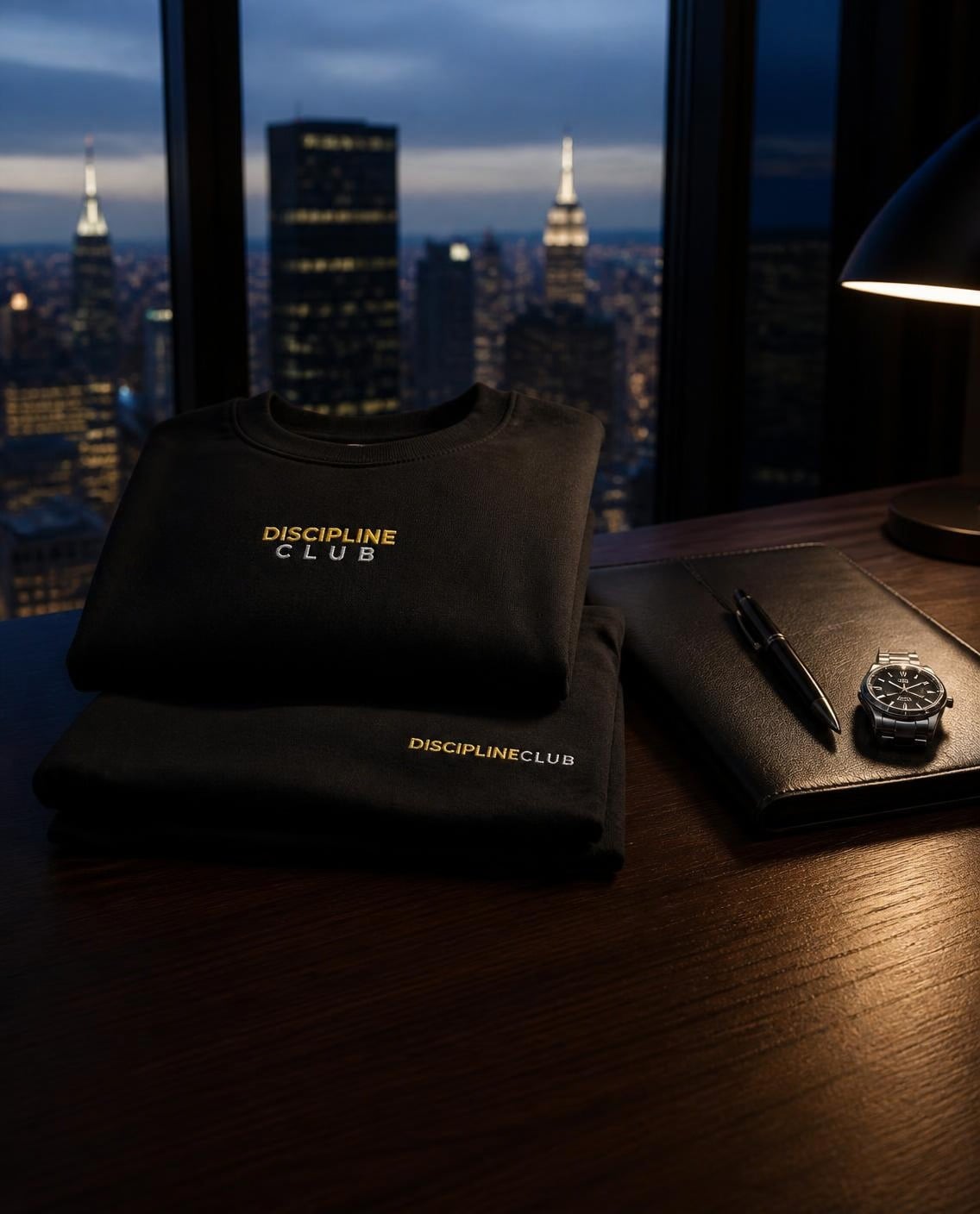 Discipline Club Crewneck and Heavyweight Tee folded on an executive desk in a corner office at dusk
