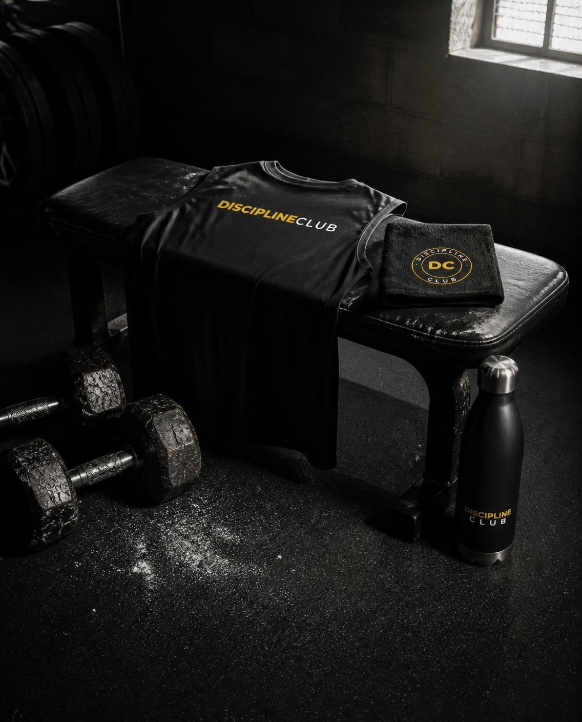 Discipline Club Training Tank, Training Towel and Water Bottle on a bench in a dark weight room
