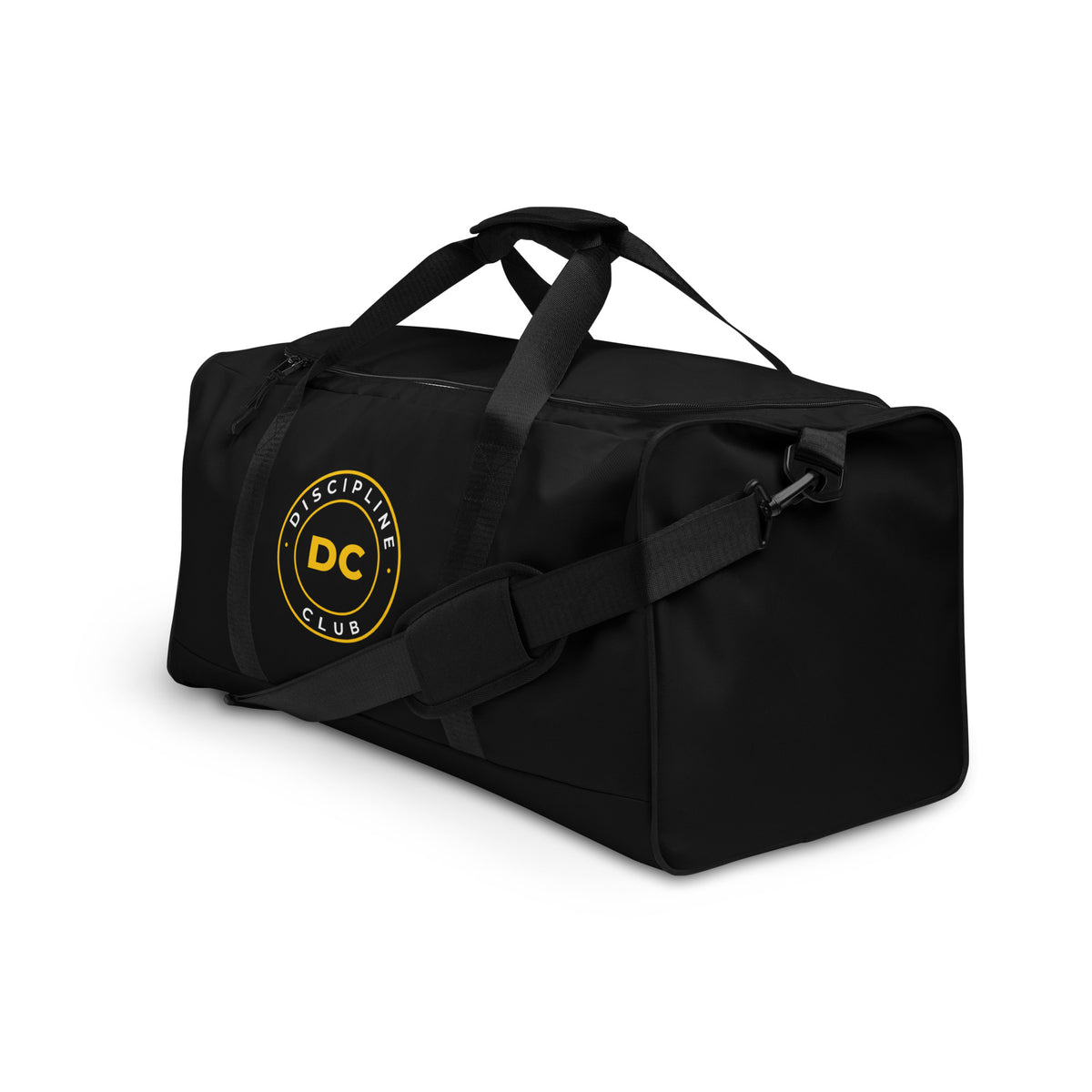 Discipline Club Duffle Bag in black, front left angle