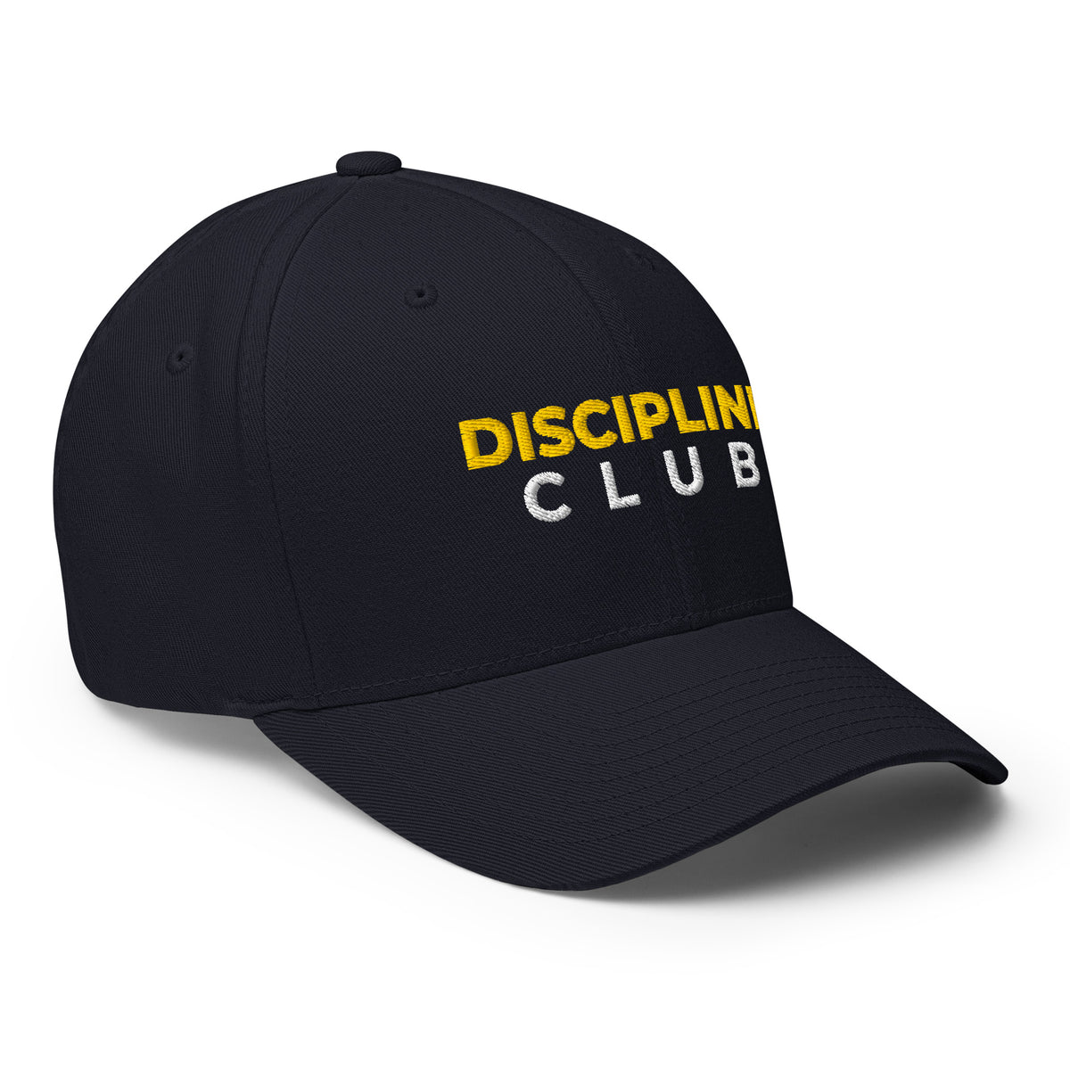 Discipline Club Signature Structured Cap in navy, front right angle
