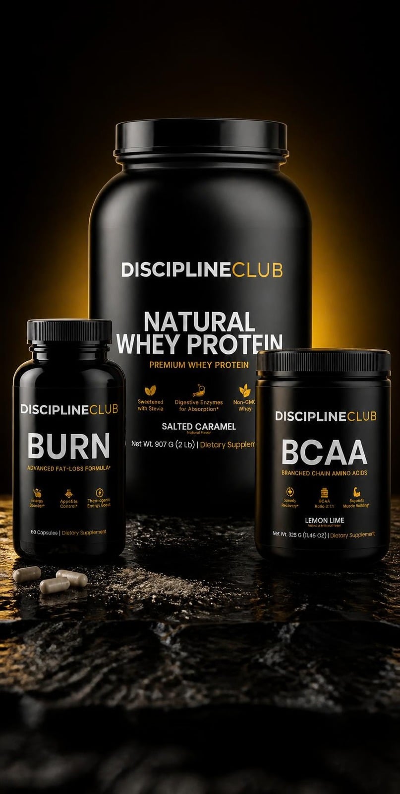 Discipline Club Natural Whey Protein, Burn and BCAA on dark stone with gold light