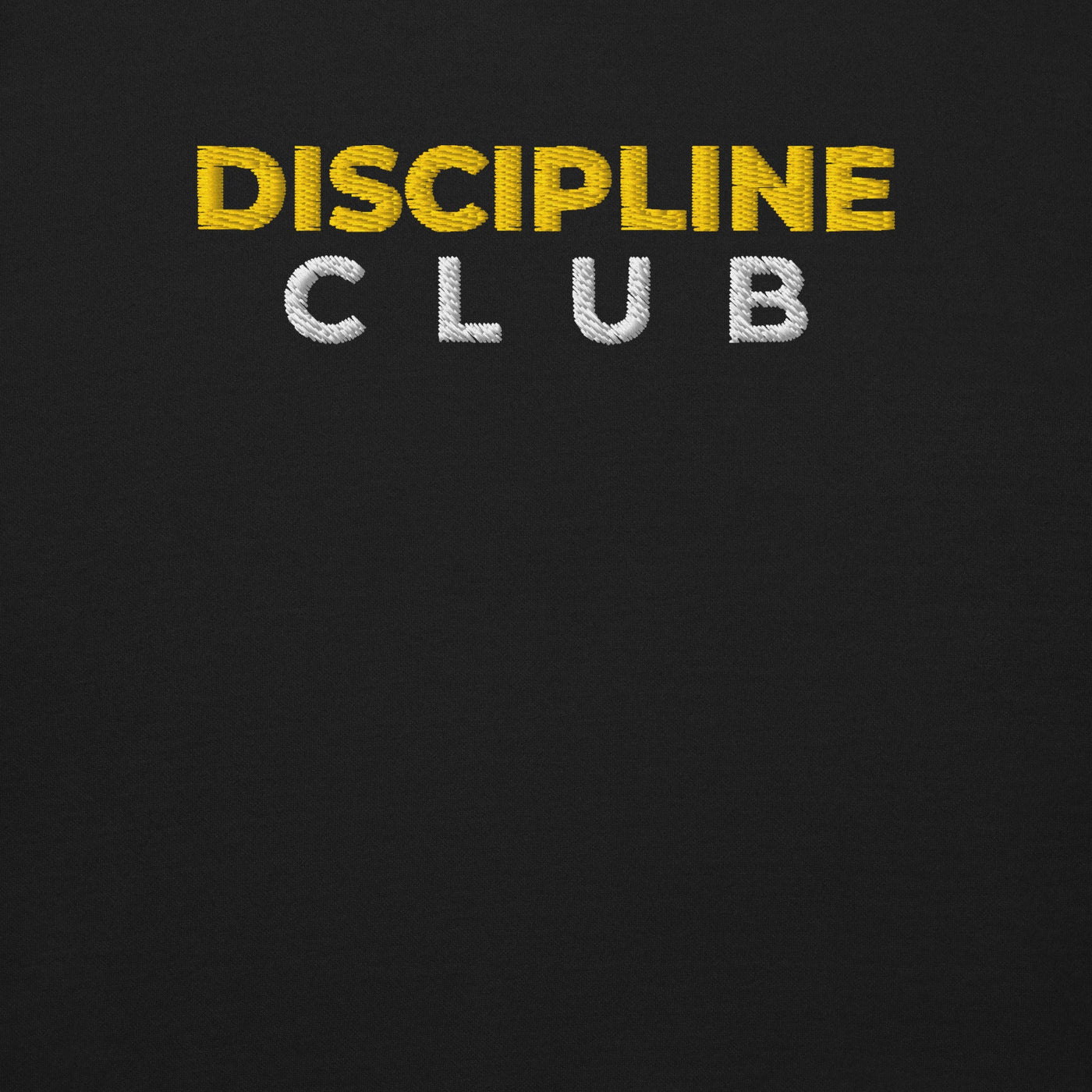 Discipline Club Crewneck in black with the stacked gold and white embroidered wordmark