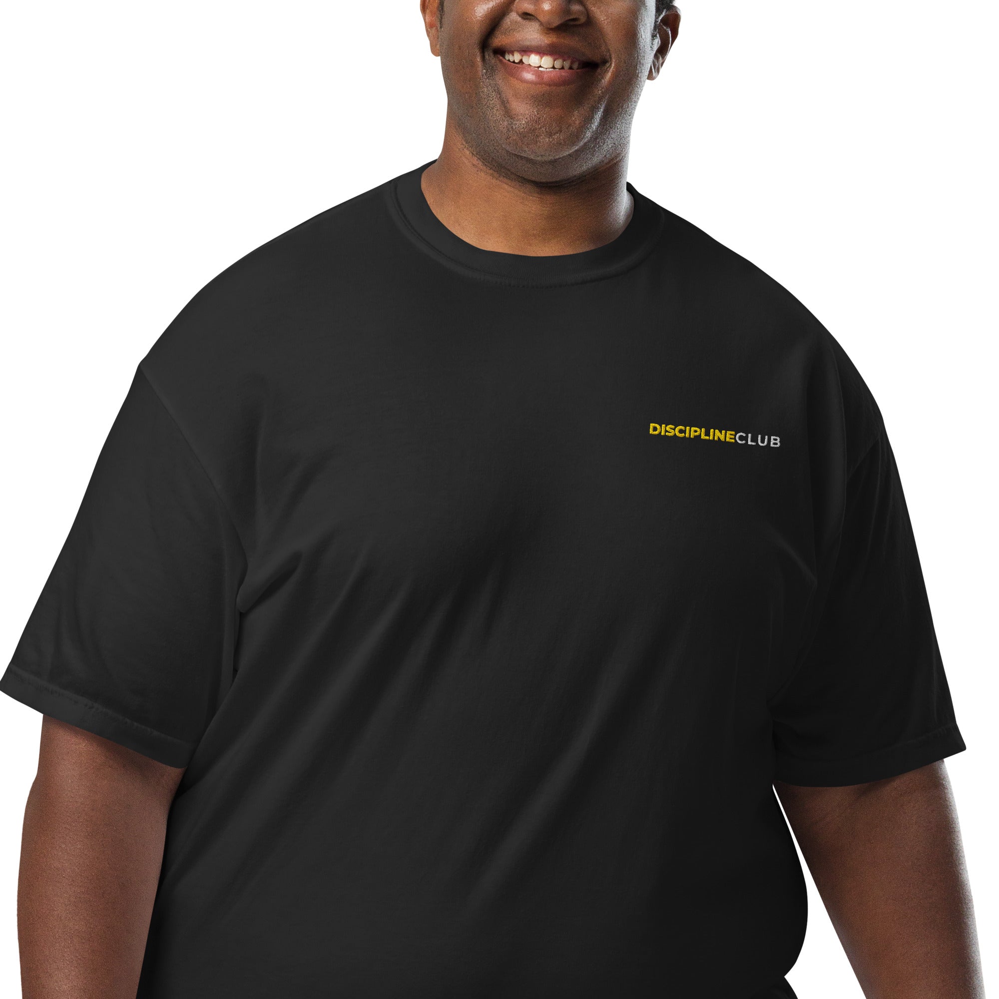 Discipline Club Heavyweight Tee in black with the gold embroidered wordmark on the chest