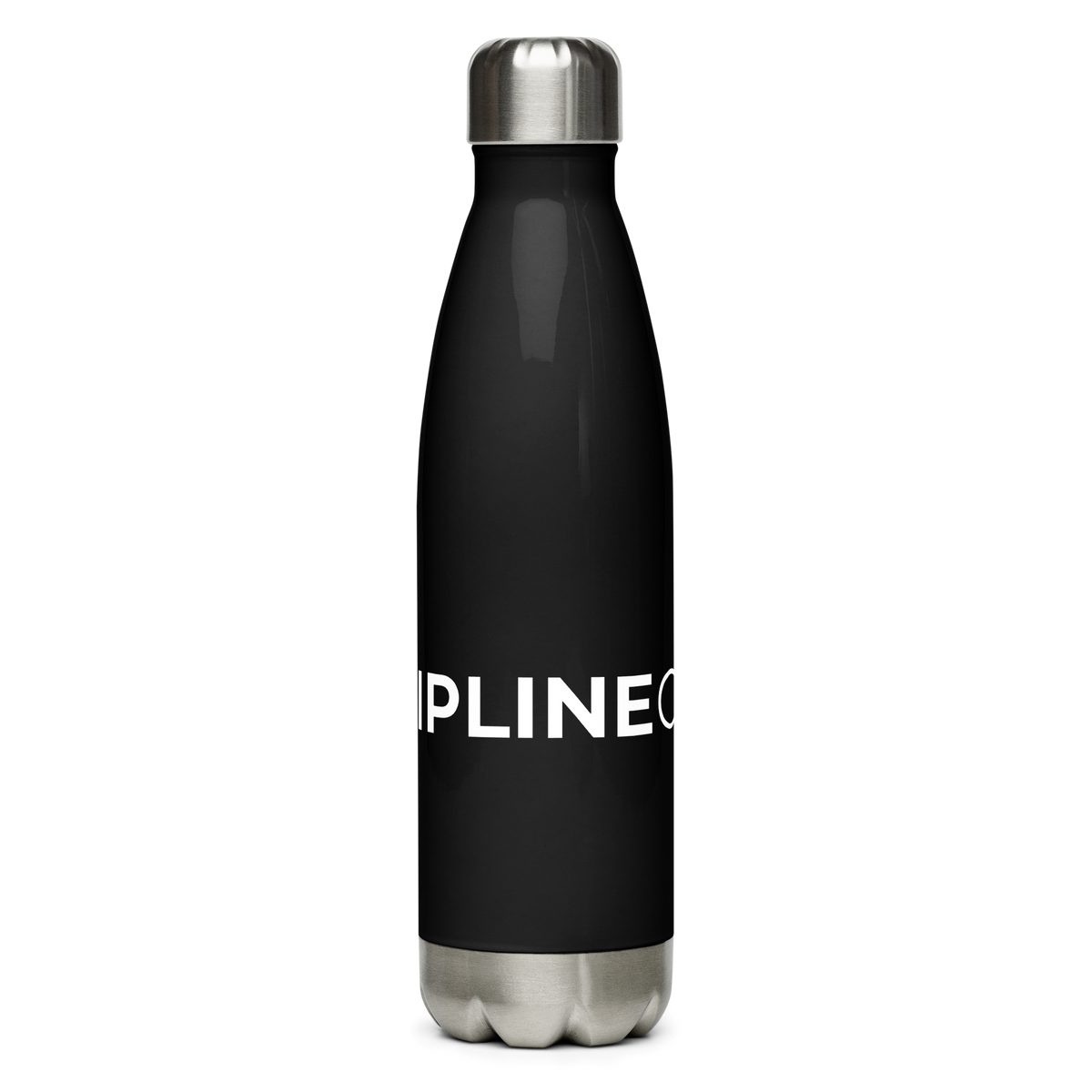 Black stainless steel Discipline Club water bottle, front