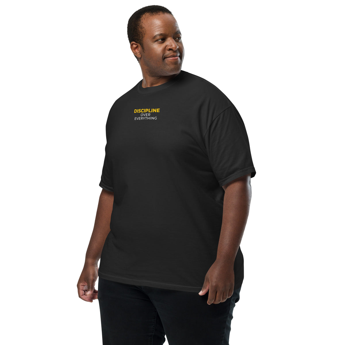 Discipline Over Everything Training Tee in black, worn, front left angle